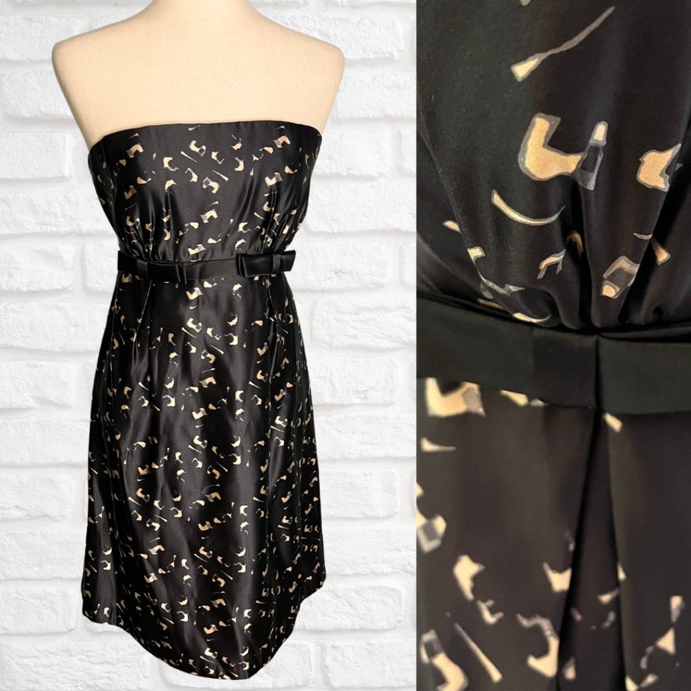 Milly Sz 4 Strapless Dress Black Tan with Bows A-Line Retro Fit & Flare Cocktail